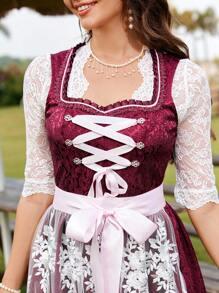 Firerie 女士优雅的慕尼黑啤酒节蕾丝边方领交叉系带可拆卸蕾丝围裙 A 字短款酒红色连衣裙、连衣裙