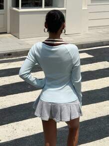 Muchica Áo thun tay dài cổ chữ V kẻ sọc phối màu đơn giản, Xuân/Thu - Màu xanh lam - Xem 2