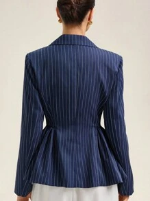 Revavyn 女式泡泡下摆翻领长袖条纹西装外套 - 藍色 - 查看 2