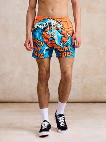 Surfspeed Men's Surfing Shark Print Beach Vacation Swimming Trunks, Summer Beach Shorts - Yellow - View 3