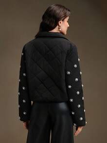 Anewsta 女式短款修身优雅厚重铆钉领黑色冬季外套 - 黑色 - 查看 8