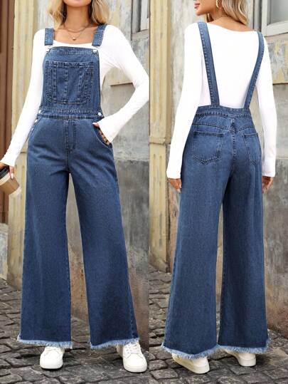 EMERY ROSE Women's Loose Fit Casual Everyday Wear Frayed Denim Bib Overall Jumpsuit