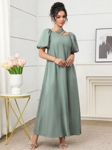 Yasmyna Women's Solid Color Minimalist Casual Short Sleeve Arabic Style Dress