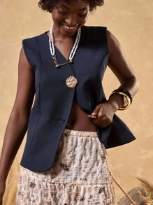 Bóhologie Blazer élégant pour femmes avec boutons dorés de haute qualité, Blazers - Bleu marine - Voir 3