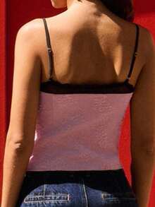 lacRébo Top de tirantes rosa con textura floral y efecto de sujetador interior contrastante, top lindo de otoño para salir, atuendo para una cita nocturna - Rosa - Ver 2