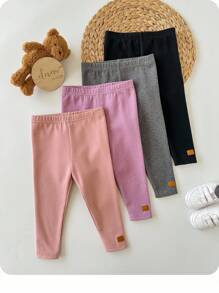 4pcs Babygirl Cute Casual Versatile Solid Color Elastic Waist Knit Pants