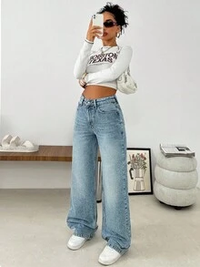 EURMUSE Gerade geschnittene Jeans im Lässig-Stil mit hoher Taille - Mittele Waschung - Übersicht 6