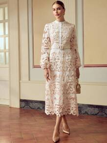 ZEYLAH 女式立领灯笼袖优雅3D花卉刺绣连衣裙