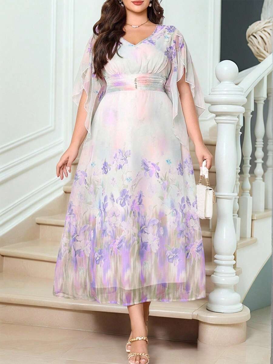 SHEIN Clasi 1 件大码女式夏季优雅花卉印花 V 领花瓣袖褶饰腰部超长连衣裙，度假风格，大码女式长礼服