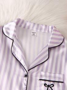 Tween GirlsClassic Striped Faux Silk Cardigan With Buttons, Bow Embroidered Pockets Short Sleeve Top Paired With Light Purple & White Striped Shorts With Black Trim, Home Outfit Set - Purple - View 3