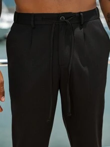 Manfinity Homme Men's Solid Color Pleated Straight Loose Casual Pants - Black - View 3