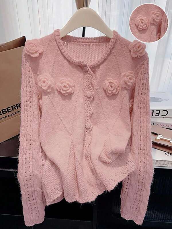 Franclia Fashionable Blogger-Inspired Chic Button Decor 3D Crochet Twist Rope Loose Knit Cardigan