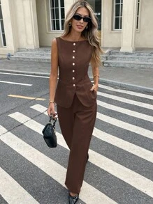 Serisse 2件套女士纯色前扣无袖上衣和长裤休闲装 - 棕色 - 查看 5