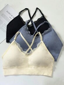 SHEIN 3 Stücke/Set Damen Standard Größe Spitze Patchwork BH Wäsche Set - Verschiedenfarbig - Übersicht 6
