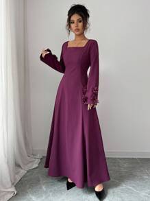 Elenzga Women's Dark Purple Elegant Long Sleeve Maxi Dress,Autumn Vintage Square Neck A-Line Formal Gown With Floral Decor For Wedding,Dining&New Year Party - Red Violet - View 6