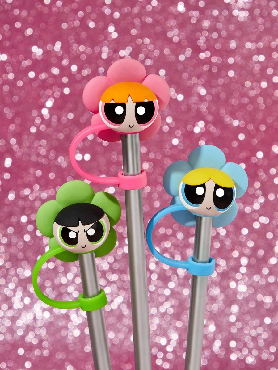 THE POWERPUFF GIRLS X SHEIN 花朵、泡泡、毛茛图案可爱花朵防尘可重复使用吸管盖，适用于直径8-10毫米的吸管 - 彩色 - 查看 1