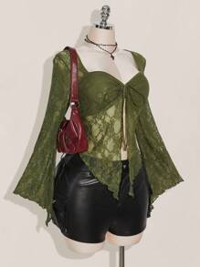 SHEIN ICON 加大码蕾丝喇叭袖前系带性感方领衬衫 - 軍綠色 - 查看 8