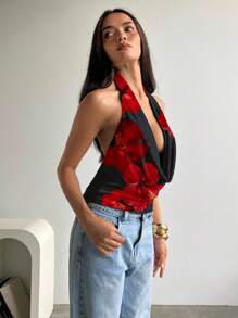 Aloruh 女士性感黑红花卉图案垂坠领吊带背心，适合夏季、夏威夷花卉、度假、海滩、音乐节、派对、宴会 - 黑色 - 查看 6