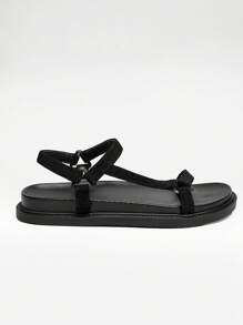 Solezae 女士厚底夏季户外基本款度假沙滩休闲PU黑色平底凉鞋 - 黑色 - 查看 2