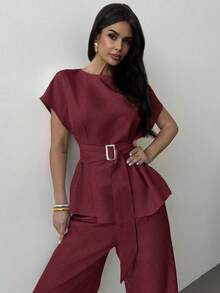 Firerie 春夏新款优雅杏色亚麻竹节领收腰系带上衣&高腰直筒阔腿裤通勤套装亚麻休闲套装度假套装