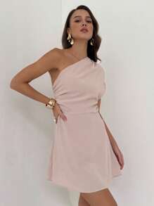 Aloruh Vestido Curto Minimalista Franzido de Ombro Único para Escritório e Transporte, Conjunto de Saída para Mulheres - Damasco - Visão 7