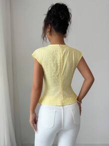 Elenzga 优雅简约不对称腰部设计浅黄色纯色面料女式上衣 - 黃色 - 查看 2