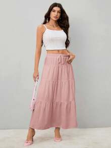 SHEIN Tall Váy Maxi Dài Cho Nữ Lưng Cao Buộc Dây Viền Xếp Nếp Màu Trơn - Hồng - Xem 3