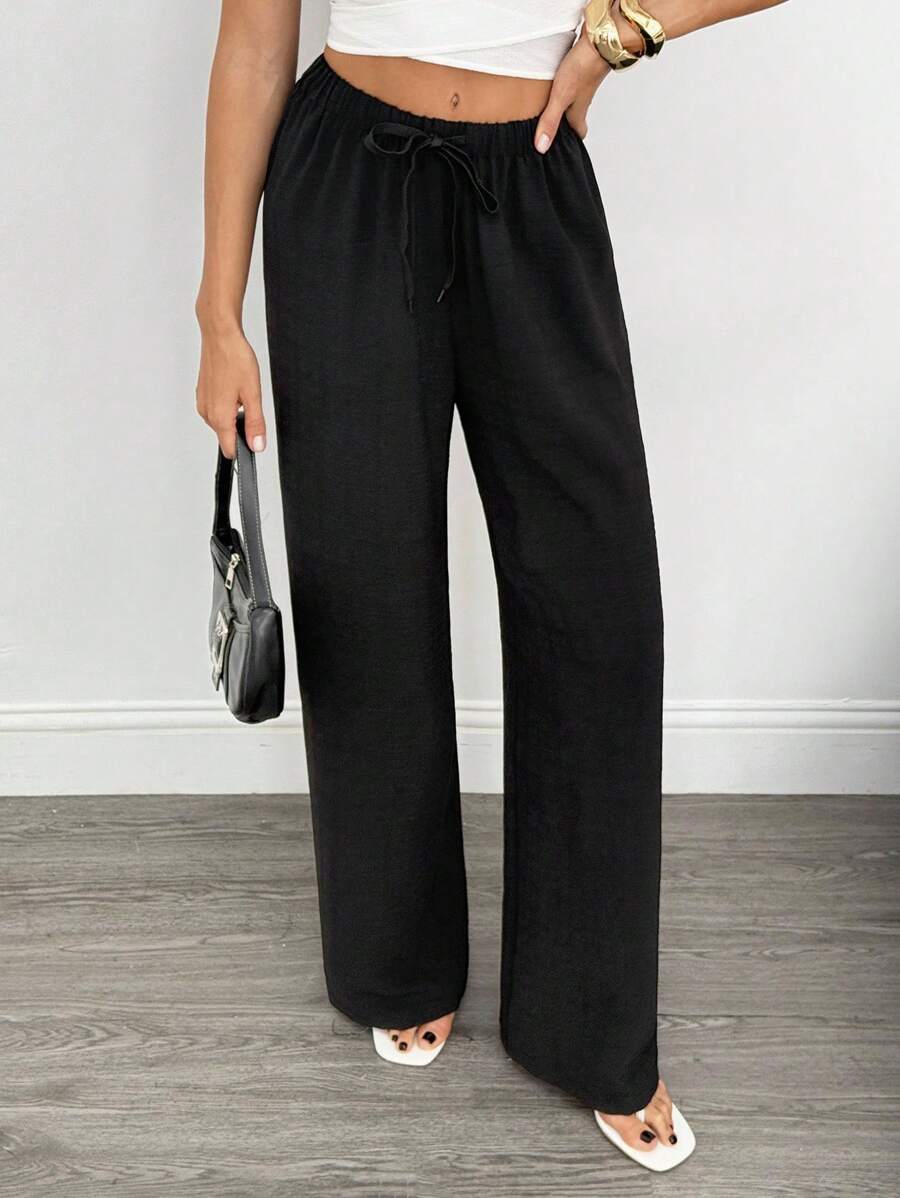 SHEIN Tall Quần ống rộng ống đứng màu trơn thoải mái, dễ mặc, có dây rút dùng hàng ngày cho nữ - màu đen - Xem 1