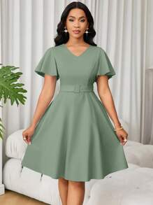 Lunelith SHEIN Lunessa Đầm ngắn tay thanh lịch dáng chữ A màu trơn viền bèo nhún cho nữ - Màu xanh Bạc hà - Xem 5