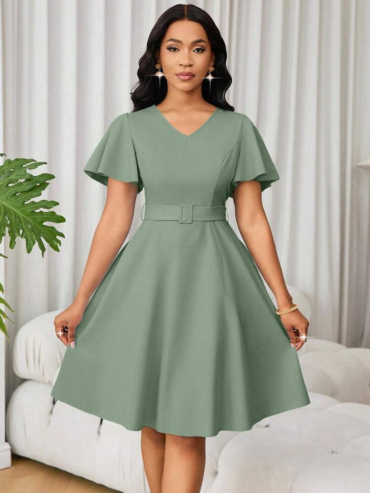 SHEIN Ladiora Vestido mini elegante de manga corta con volantes en el bajo y corte evasé de un solo color para mujer - verde menta - Añade 5