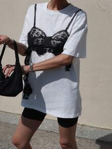 DAZY Débardeur court décontracté en patchwork de dentelle pour femmes - Blanc - Voir 5