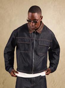 SUMWON Rohe Denim Trucker Jacke mit kontrastierendem braunem Lederkragen, Utility Workwear Stil mit Fronttaschen, klassische amerikanische Arbeiterkleidung für Herbst und Winter - Verschiedenfarbig - Übersicht 5