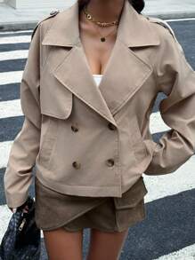 Muchica Fall Clothes Back To School  Casual Women's Khaki Woven Long Sleeve Trench Coat - Khaki - View 5