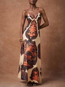 Zivah 春夏新款音乐节、复活节、西部、游牧风格连衣裙，适合生日派对、毕业典礼、学生休闲装、日常出游、度假、邮轮旅行、海滩、日光浴、网红风、极简休闲无袖V领印花长裙，大地色系 - 棕色 - 查看 7