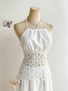 Chiquease Women's 2pcs Set, Hollow Embroidered Patchwork, Bubble Fabric, Solid Color, Fitted, Spaghetti Strap, Sleeveless, Chest Pleated, Open Back, Bowknot Back, Drawstring Waist, Real Pockets, Pleated, Hand-Threaded, Holiday, Festival, Elegant, Casual, Minimalist, Commute, Bohemian Holiday Style, Romantic, Sexy, Luxurious, Women's Spring/Summer Camisole, Women's Spring/Summer Pants, Women's Spring/Summer 2pcs Set All White Clothes For University - White - View 6