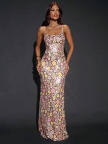 SHEIN BAE 女款粉色花卉夏季70年代復古夜生活派對亮片細肩帶洋裝，優雅後開衩直筒長裙，適合婚禮賓客、生日正式場合 - 彩色 - 查看 4
