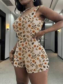 INAWLY 大码女式花卉印花无袖连体衣，适合夏季 - 卡其色 - 查看 2