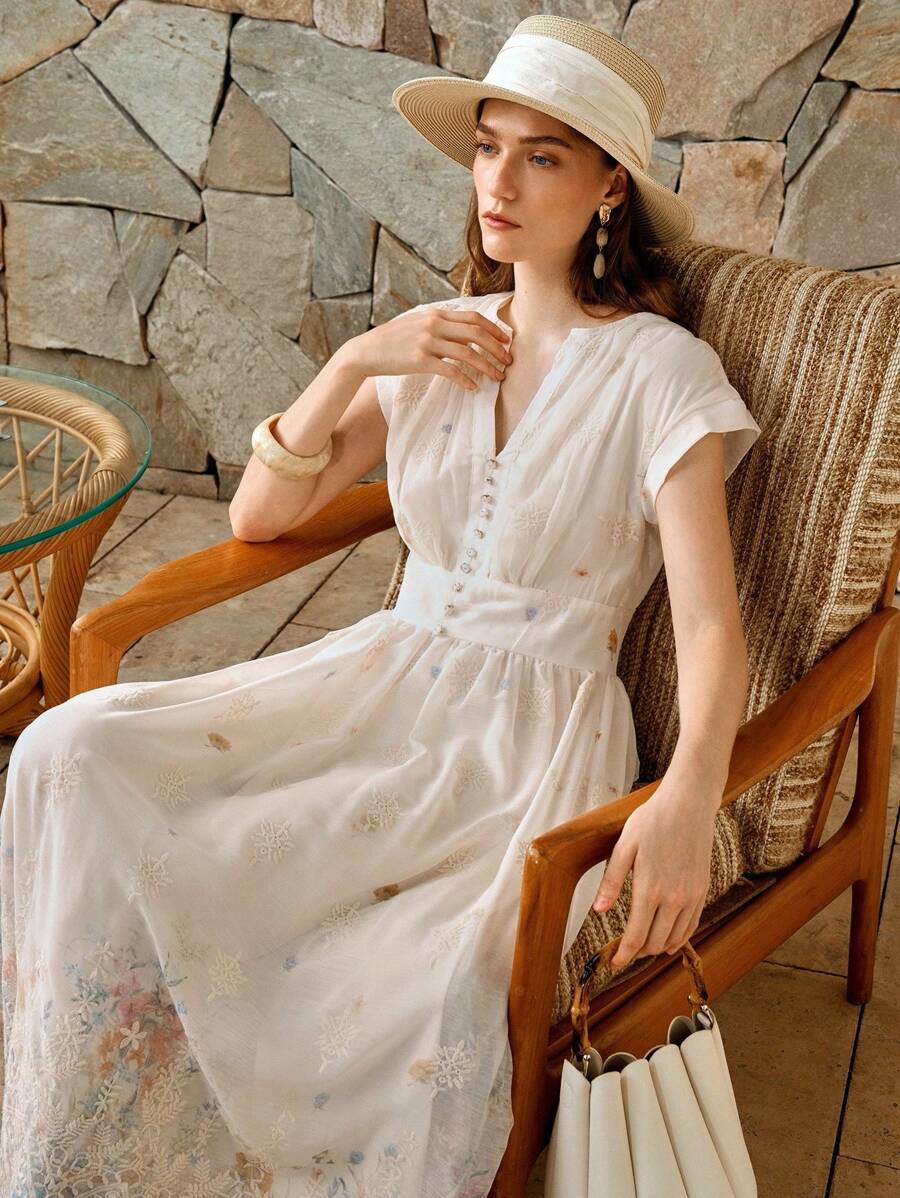 Arave 女式雪纺褶饰刺绣V领修身连衣裙