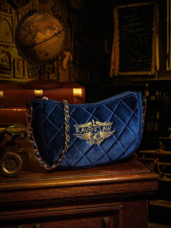 HARRY POTTER X SHEIN Women's Letter & Logo Embroidered Blue Fashion Shoulder Bag