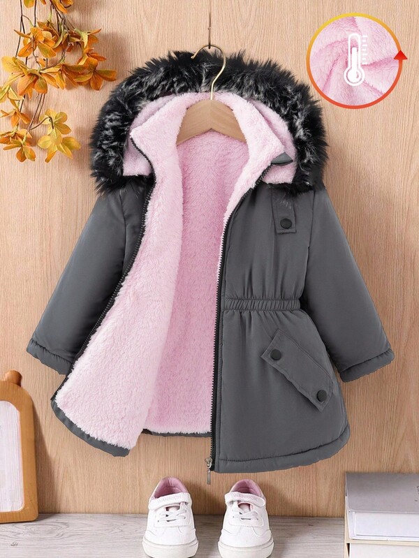 Young Girl Casual Decorative Hooded Cinched Waist Parka Jacket For Winter Toddler Girl Winter Coat Girls Winter Coat With Hood Young Girls Winter Coat Kids Grey Winter Jacket Girls Grey Parka Pink Thermal Lined Winter Coat Fall