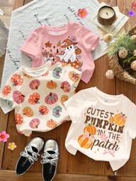 SHEIN Leap Crew 3pcs/Set Young Girl Cute Pumpkin Color Block, Cream White, Cream Beige, Cream Pink, Adorable Sweet Autumn Bow Pumpkin & Ghost Pattern Crew Neck Short Sleeve T-Shirts, Casual For Outdoor, Street Style, Home, Party, Versatile For Halloween