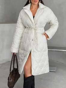 EURMUSE Women's Solid Waist Drawstring Quilted Patched Pocket Loose Fit Midi Winter Coat - White - View 6
