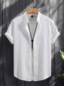 Manfinity CasualCool قميص رجالي أبيض كاجوال بأكمام قصيرة وياقة عالية مع أزرار - أبيض - مشاهدة 4