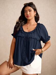 Elaquor Plus Size Women's Solid Color Frill Trim Round Neck Single-Breasted Short Sleeve Casual Shirt Spring To Summer - Navy Blue - View 5