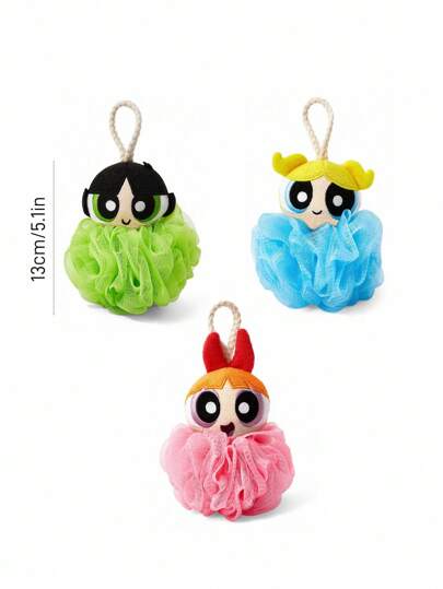 THE POWERPUFF GIRLS X SHEIN 1 buah/3 buah Bom Mandi 3D Lucu, Spons Jala Berbusa Sangat Lembut, Blossom/Buttercup/Bubbles, Y2K