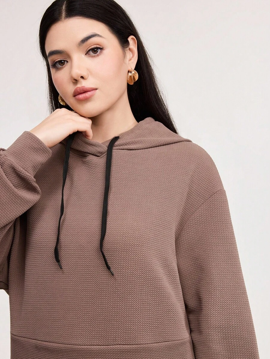 Veilorie 2pcs/Set Women Casual Simple Solid Color Sports Hoodie And Drawstring Waist Pants, Loose Fit For Autumn 2 Piece Set - Chocolate Brown - View 1