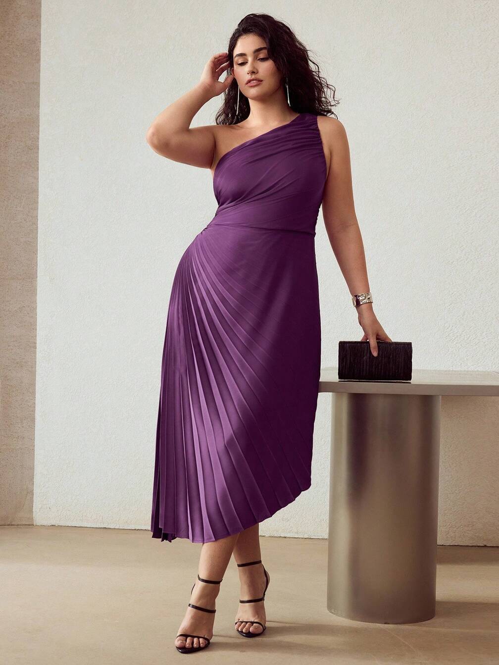 plus size asymmetric pleated dress Plus Size Pleated Asymmetrical Hem Dress