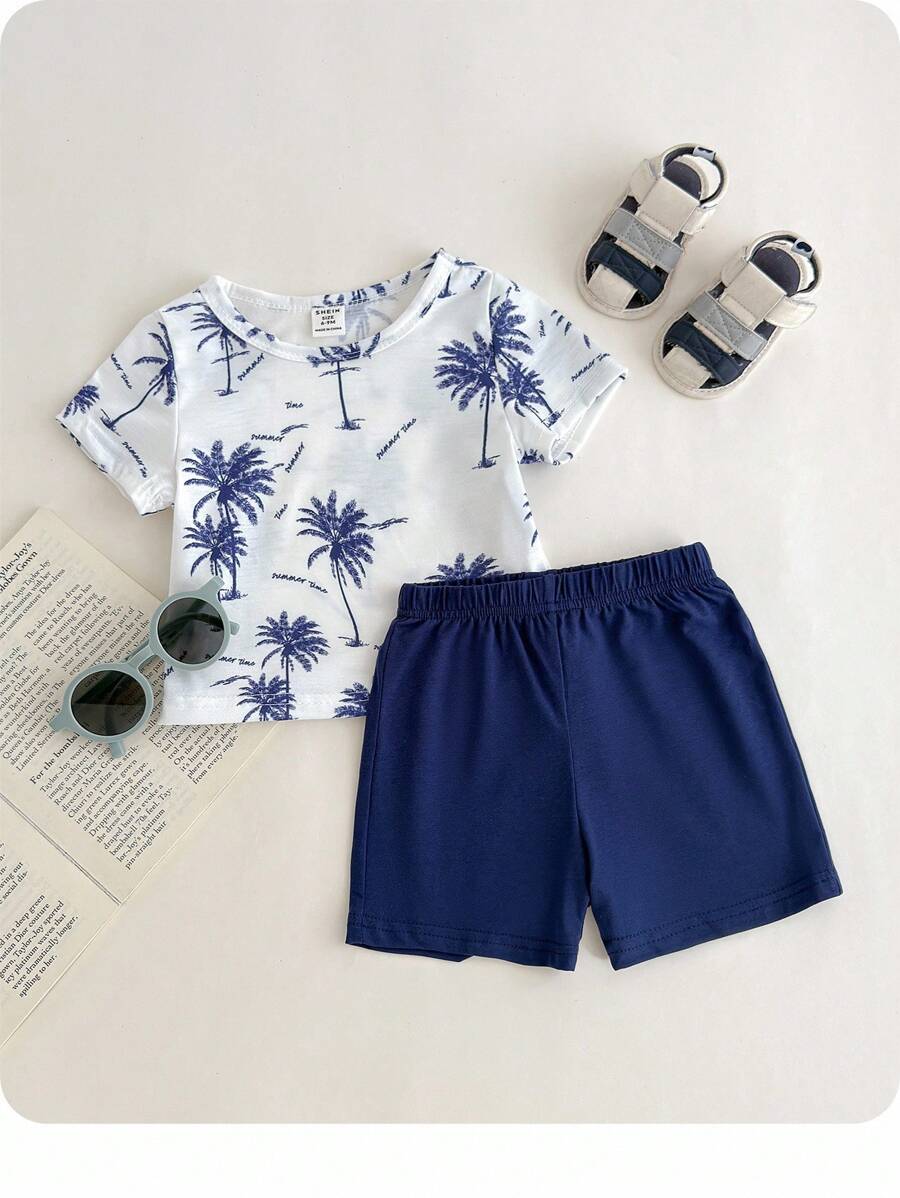 Baby Tropical & Letter Graphic Tee & Shorts - Blue and White - View 1