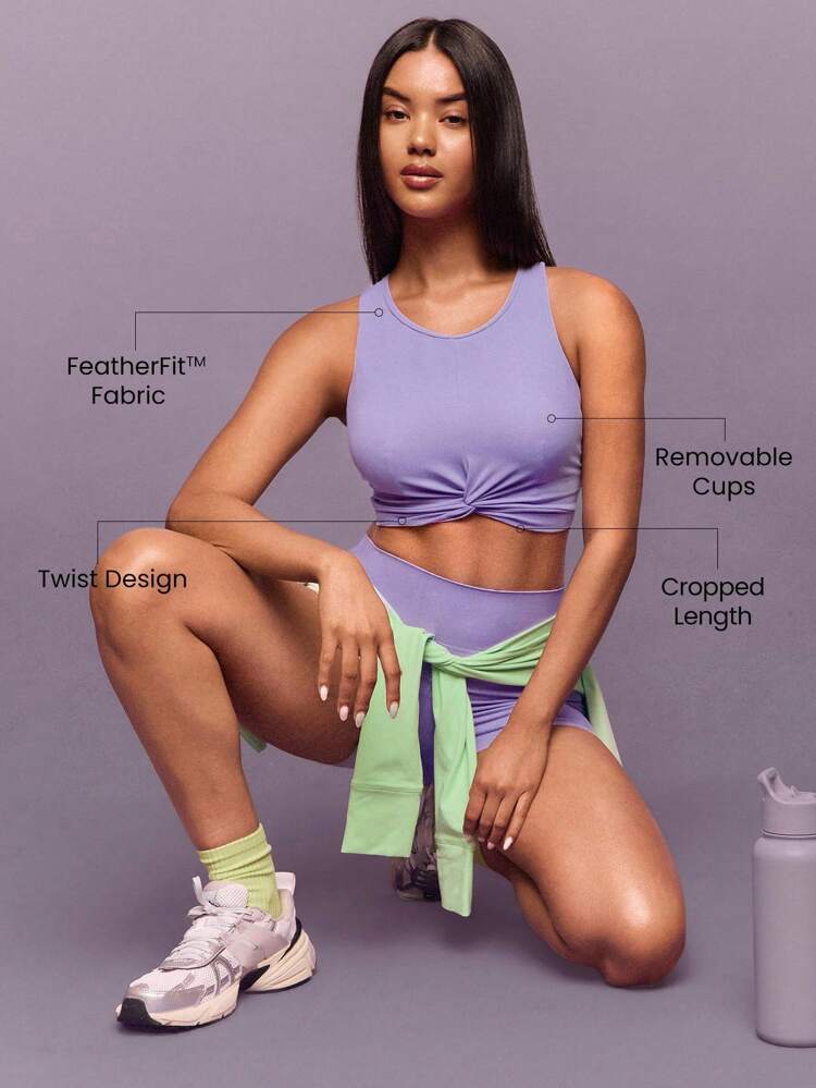 FeatherFit™ Twist And Flow Soft Stretchy Sweat-Wicking Removable Cups Racerback Twist-Front Cropped Tank Top Top Low-Impact Yoga Pilates Barre Gym Studio Daily Casual Wear  Spring Summer