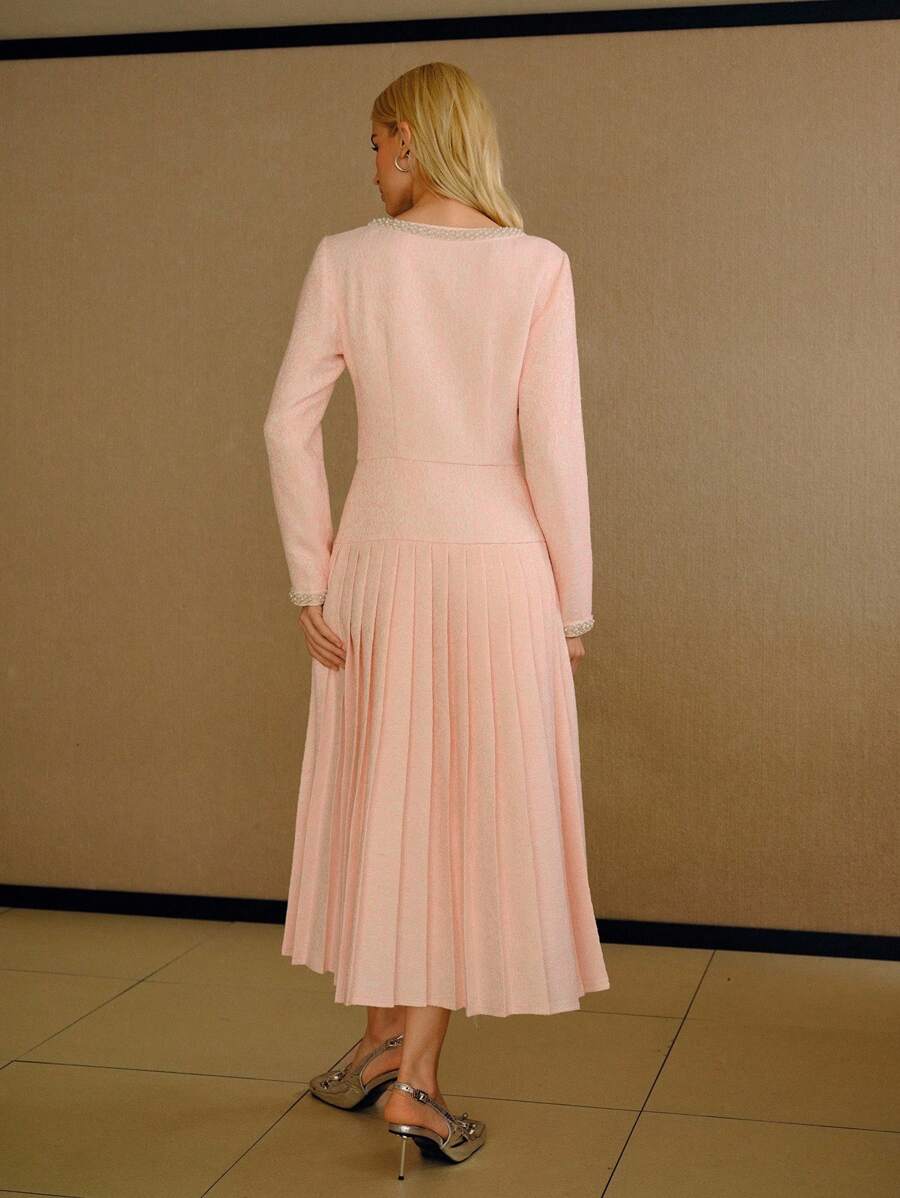 MOTF PREMIUM BEADED FAUX PEARL TRIM RHINESTONE DETAIL PLEATED HEM DRESS - Pink - View 2